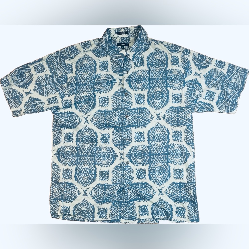 Alfani Blue Casual Button Down Shirt with Geometric Pattern Large